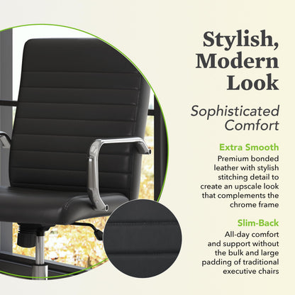 HON Sadie Executive Ergonomic Office Chair with Leather Upholstery, Chrome Arms and Back Support, Mid Back Desk and Computer Chair for Home Office or Conference Room, 360 Swivel, Black
