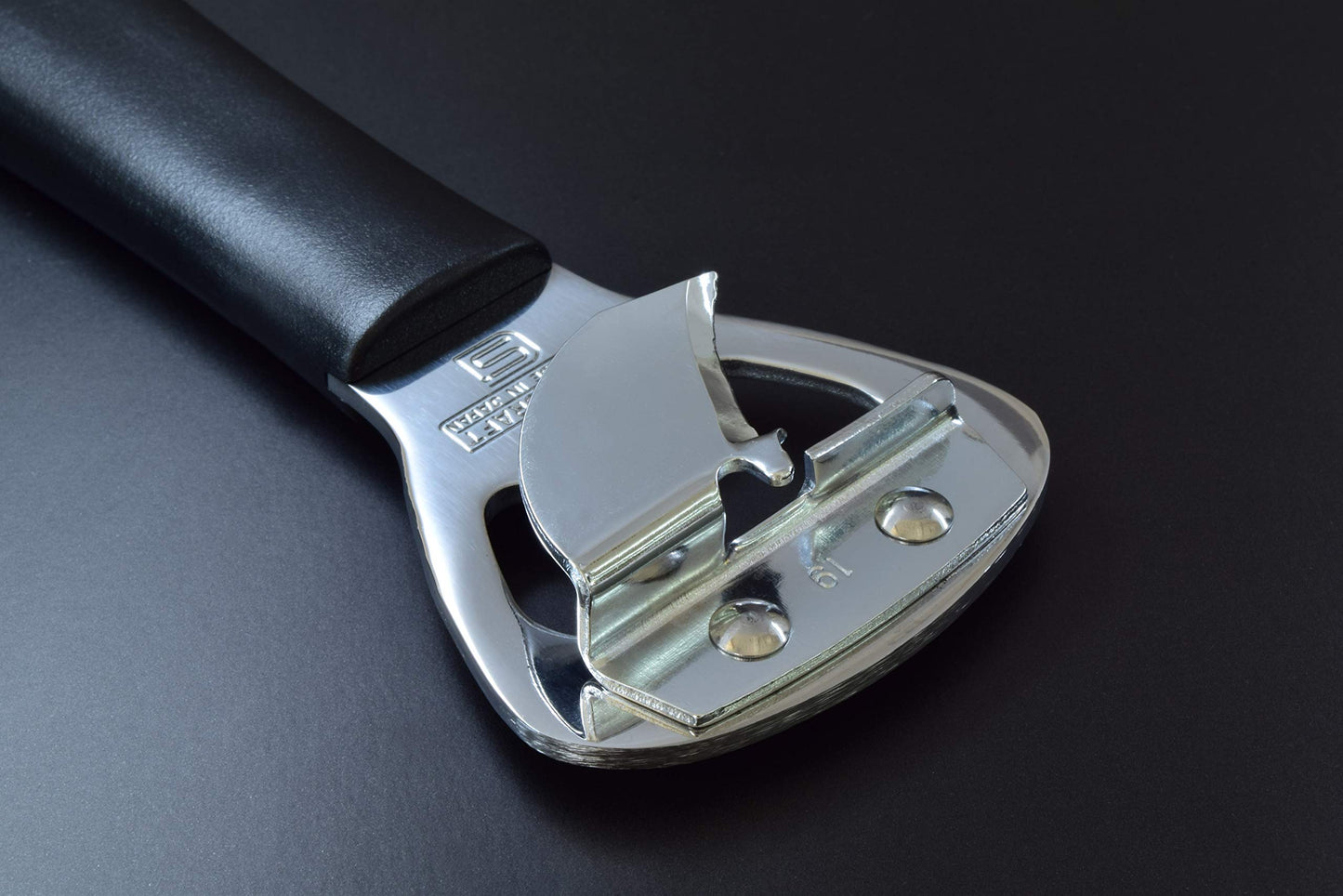 Japanese Can Opener, Heavy Duty Stainless Steel Bottle Opener, 5.9" Black Plastic Handle for Right-handed, Seki Japan