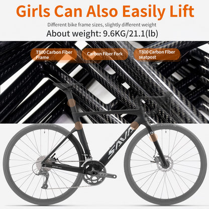 SAVADECK Carbon Disc Road Bike, Integrated Design Racing Bicycle Carbon Frame Carbon Fork with Shimano SORA R3000 Derailleur System 18 Speed Disc Brake Road Bike for Men or Women(Black,56cm)