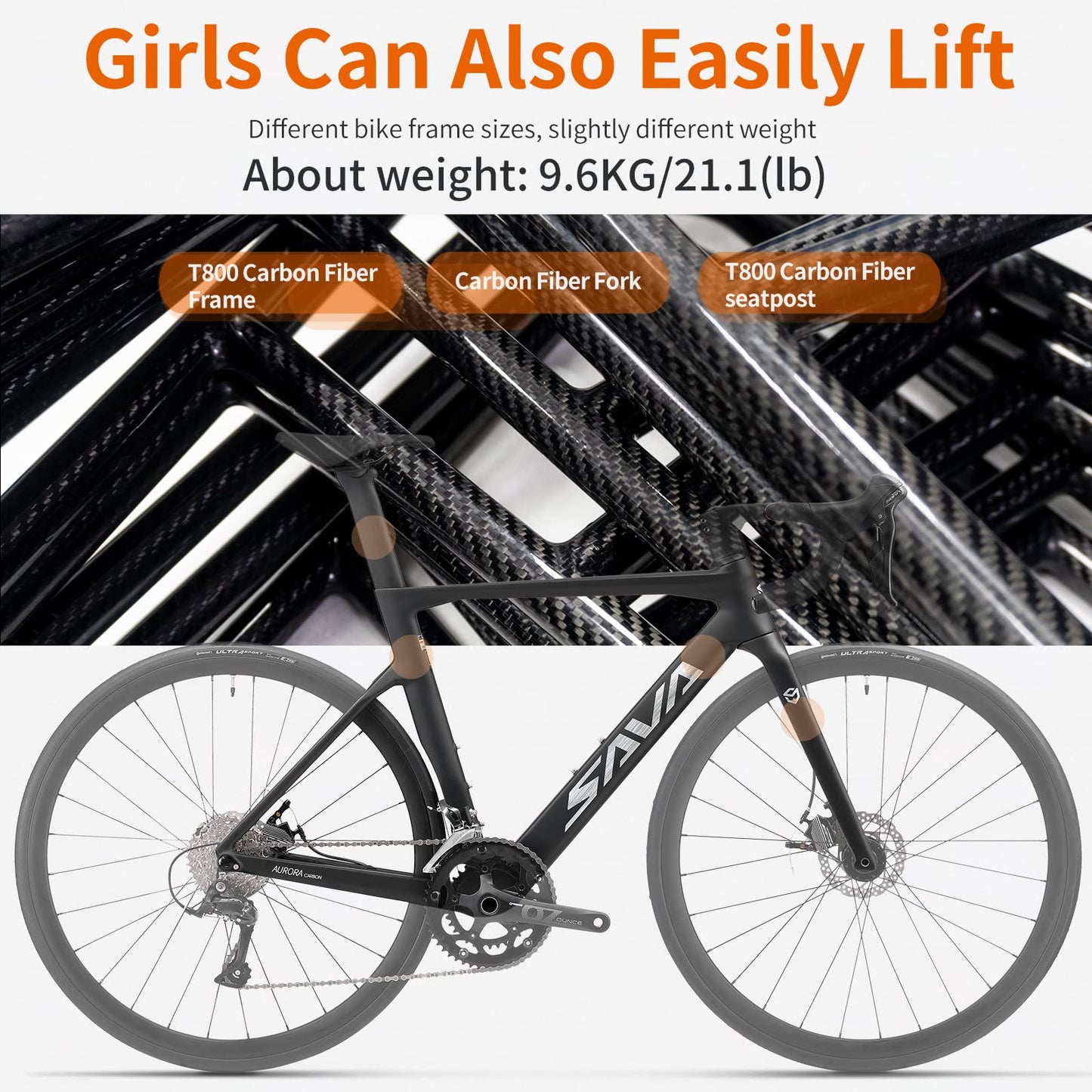 SAVADECK Carbon Disc Road Bike, Integrated Design Racing Bicycle Carbon Frame Carbon Fork with Shimano SORA R3000 Derailleur System 18 Speed Disc Brake Road Bike for Men or Women(White,54cm)