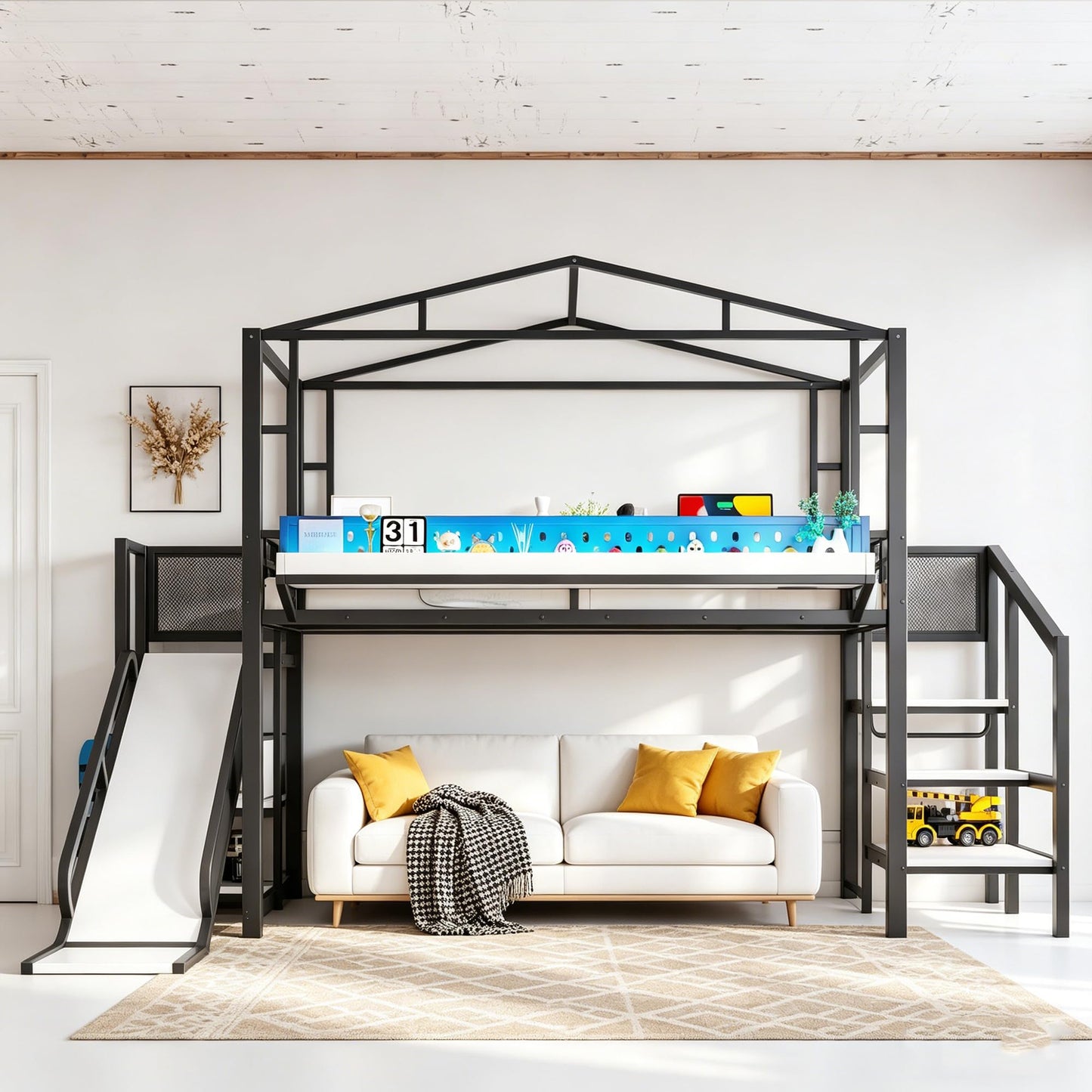 Bellemave Twin Size Metal House Loft Bed with Slide and Stairs,Heavy Duty Playhouse Loft Bed Frame with Shelves,LED Lights and Charging Station for Kids,Teens,Adults,Black