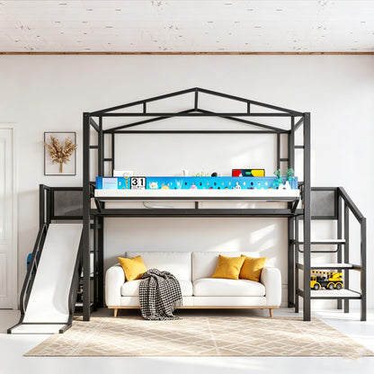 Bellemave Twin Size Metal House Loft Bed with Slide and Stairs,Heavy Duty Playhouse Loft Bed Frame with Shelves,LED Lights and Charging Station for Kids,Teens,Adults,Black