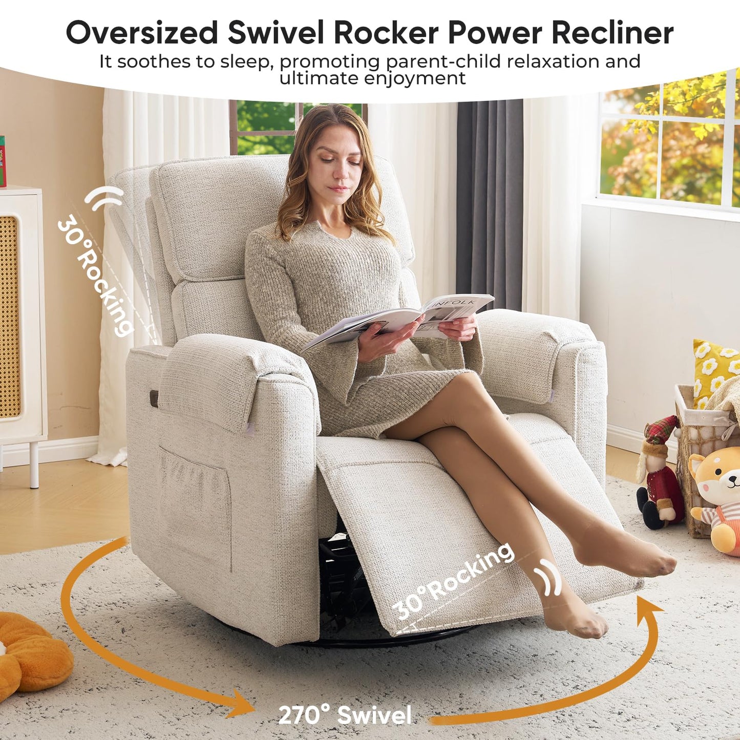 Rhevoy Oversized Power Recliner Chair, 26" Extra Wide Swivel Rocker Recliner with Adjustable Headrest, Chenille Glider Rocking Nursery Chair with Overstuffed Armrest, USB Ports, White