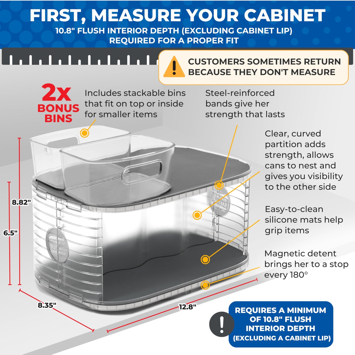 Mighty Susan 2-Tier Lazy Susan Pantry Organizer – Steel Reinforced Turntable for Kitchen Cabinets & Pantry Storage – Heavy-Duty Can Organizer Holds Up to 30 lbs – Rotates 360° – Includes 2 Bonus Bins