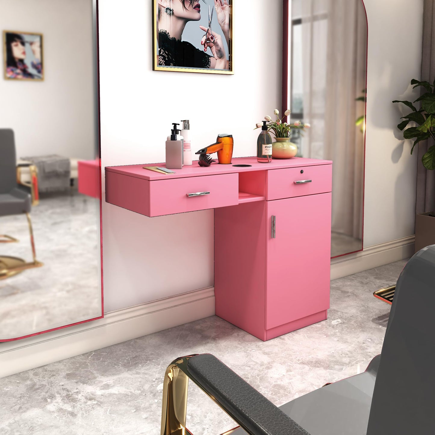 Wall Mount Barber Salon Station, Salon Storage Hair Stylist Equipment Set w,Appliance Holders,Lockable Drawers,Storage Cabinet