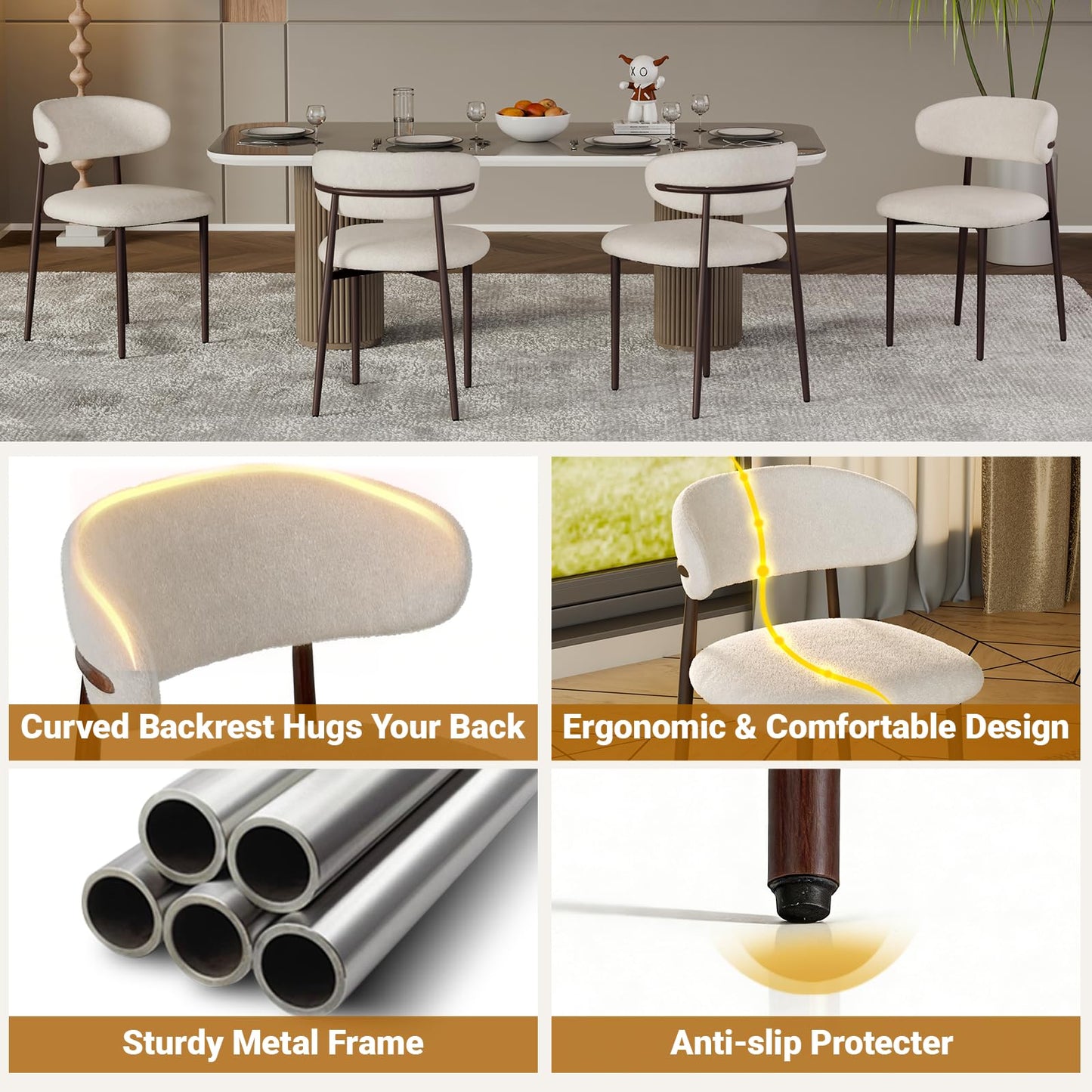POLE SPACE Morden Dining Chairs Set of 4, Upholstered Fabric Kitchen Side Chairs with Dark Walnut Metal Legs, Indoor Dining Room Chairs for Patio, Dining Room, Backyard Heat Resistant