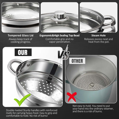 AuFranc® 5 Quart Steamer for Cooking - Stainless Steel Steam Pot with Steamer Basket, Multipurpose Cooking Stock Pot with Tempered Glass Lid, Non-Toxic Cookware for Slow Cooking and Steaming (Silver)