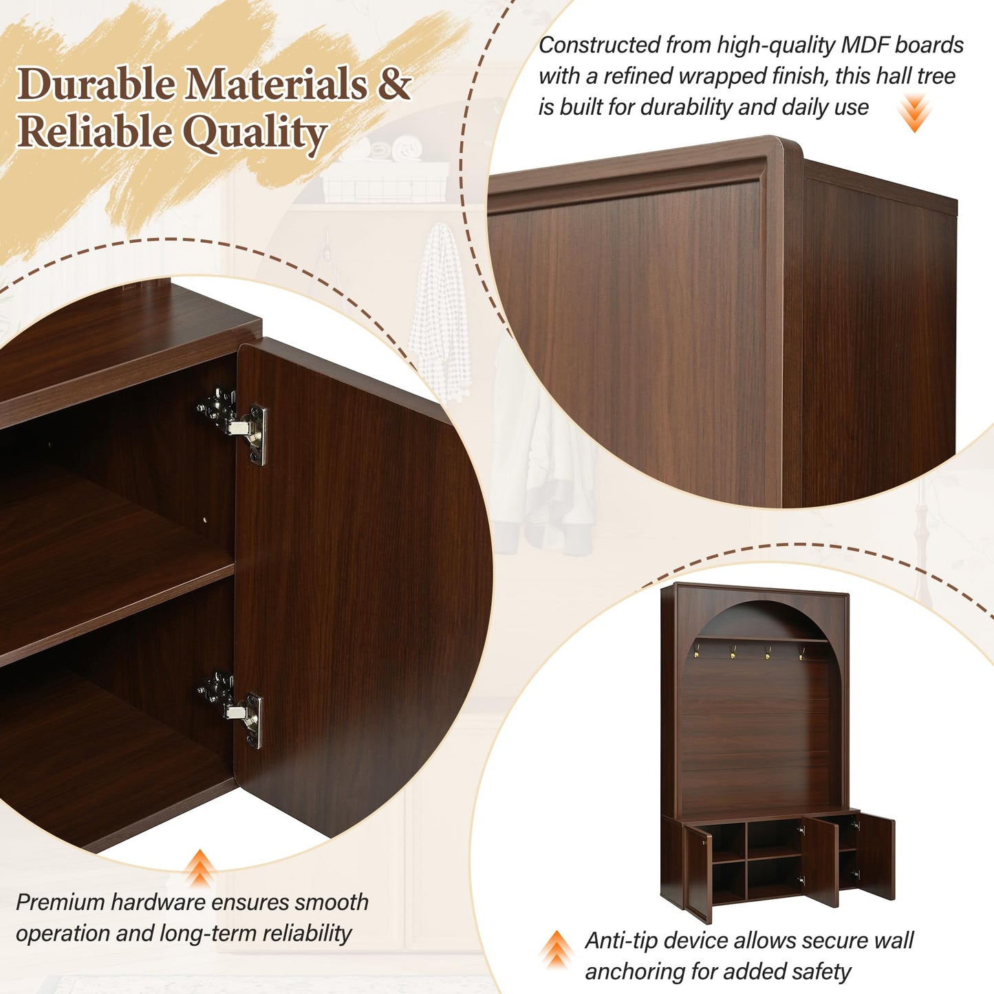 roomfitters Modern Arched Entryway Hall Tree with 3 Storage Cabinets, Upper Shelf and Coat Hooks for Mudroom, Walnut