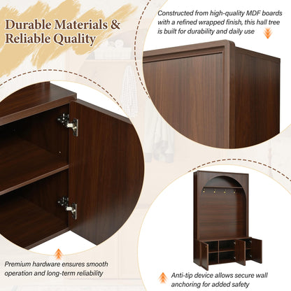 roomfitters Modern Arched Entryway Hall Tree with 3 Storage Cabinets, Upper Shelf and Coat Hooks for Mudroom, Walnut