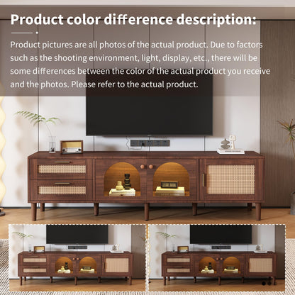 Ball & Cast Rattan TV Stand for TVs up to 80",Modern Entertainment Center with LED Light and 2 Drawers & 3 Doors,TV Media Console w/Storage Cabinets and Solid Wood Legs for Living Room,Dark Brown