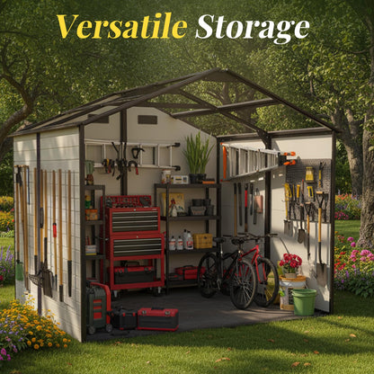 FammyLoft 8x8 FT Heavy Duty Resin Shed with Floor, Waterproof Outdoor Storage Shed with 2 Windows & 4 Vents, Lockable Door for Backyard, Garden, Patio, Bikes Brown White