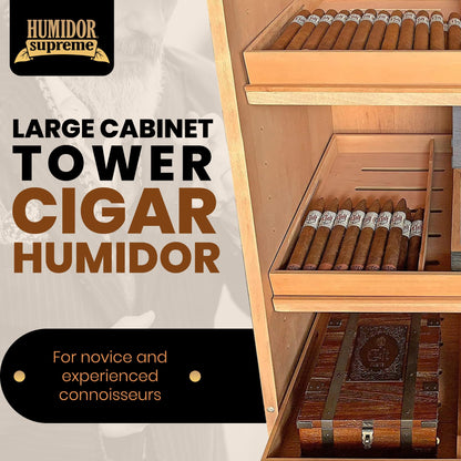 Humidor Supreme Black Tower Humidor with Adjustable Shelves and Drawers | Large Capacity Cigar Cabinet with Tempered Beveled Glass Door, Hygrometer, and Dried Spanish Cedar Lining - Holds 3000 Cigars