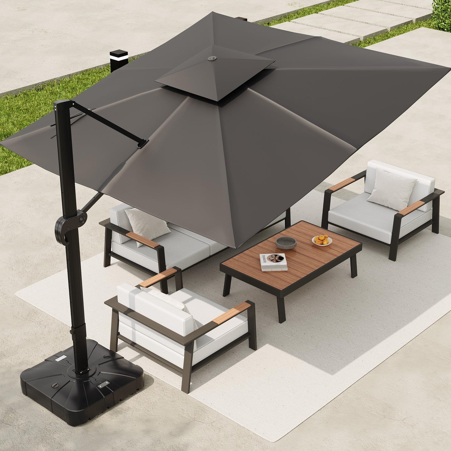 10x10 FT Square Outdoor Umbrella with Base, Cantilever Patio Umbrella with 360° Rotation & Adjustable Height, Heavy Duty Aluminum Umbrella Outdoor Patio for Garden Poolside,Grey