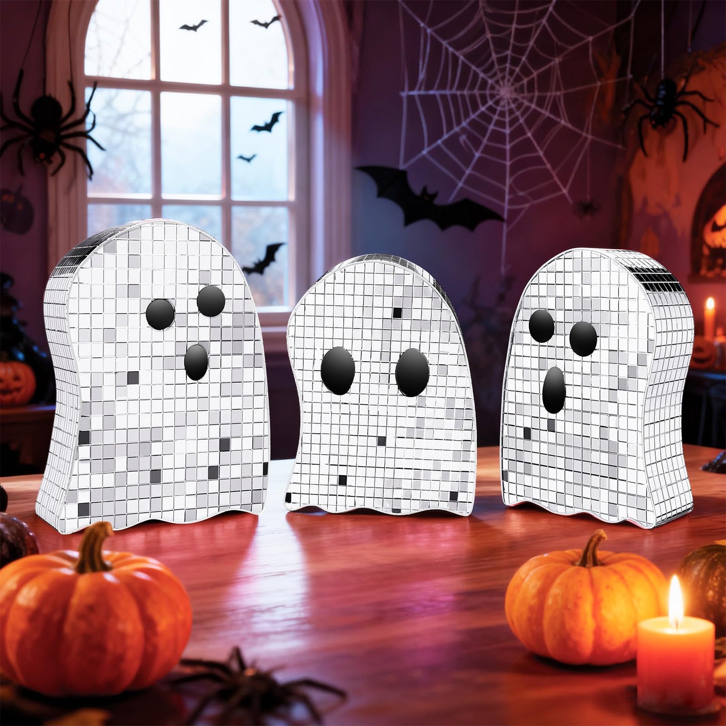 3 Pcs Halloween Disco Ghost Decor,5.9" 7" 8.2" Ghost Mirror Disco Ball Indoor Glitter Spooky Ghost Sign Halloween Tiered Tray Decor Mosaic Table Centerpiece for Party Gift (Silver)