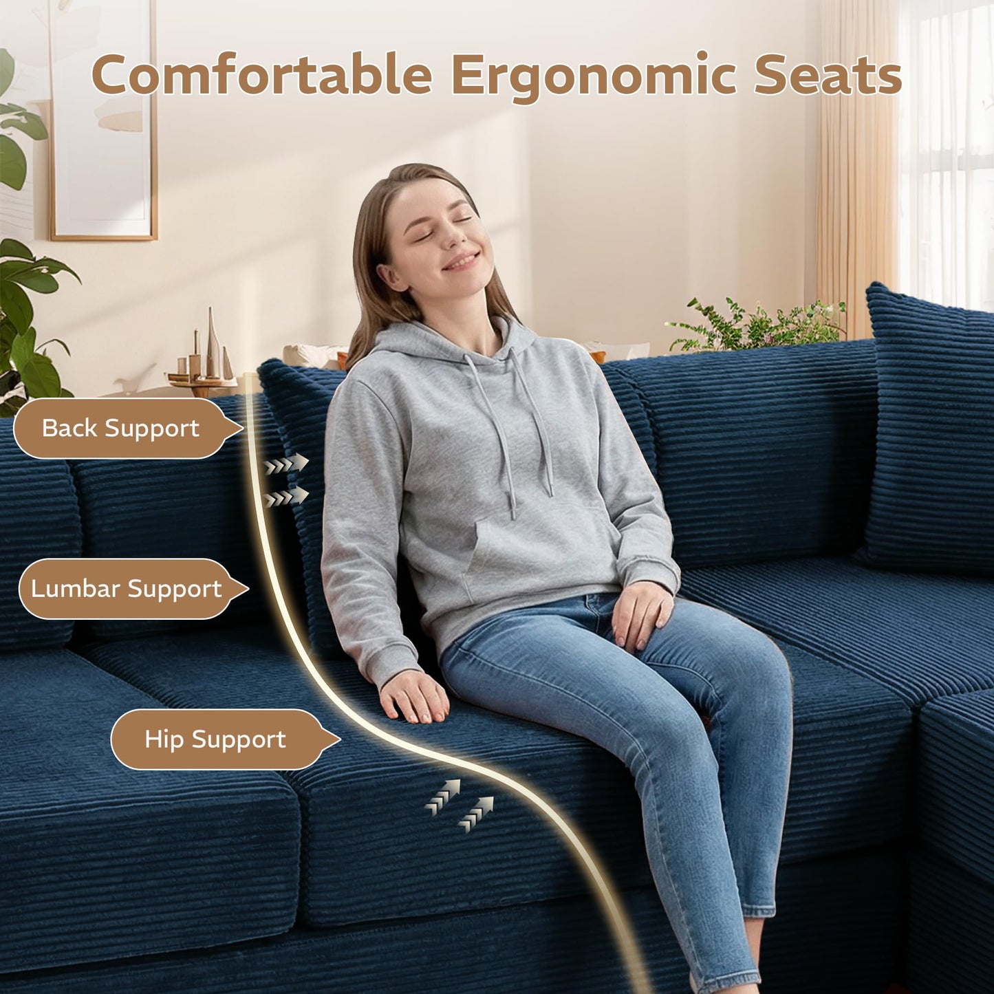 Trygoal 142" Oversized Modular Sectional Sofa Bed, 7-in-1 Convertible Corduroy Cloud Couch with Storage Bag & Reinforced Frame, Deep Seat Sectional Couches for Living Room, Tool-Free Assembly, Blue