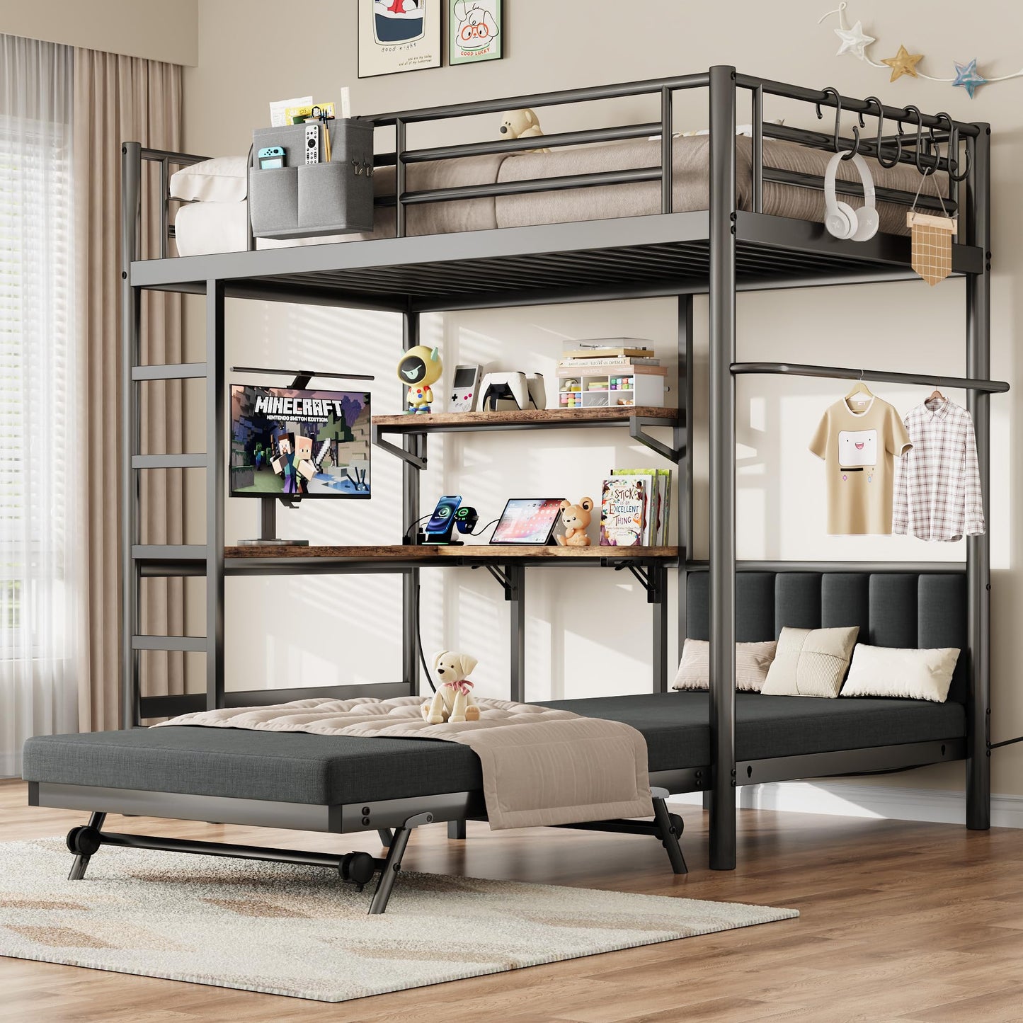 Twin Loft Bed with Matteress, Heavy Duty Metal Bunk Bed Frame with Pull-Out Folding Bed and Desk, Dual-Access Bed, Charging Station, 2-Tier Adjustable Shelves, Safety Guard Rail & Ladder (Dark Black)