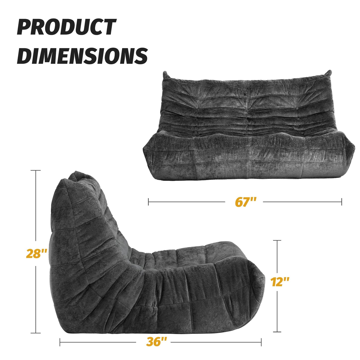 Homguava Bean Bag Chair, Giant Beanbag Chairs for Adults, Memory Foam Fireside Chair, Large Lazy Floor Sofa, Sofa Couch with High-Rebound Foam, Lounge Chair for Living Room, Bedroom (Grey, 3-Seater)