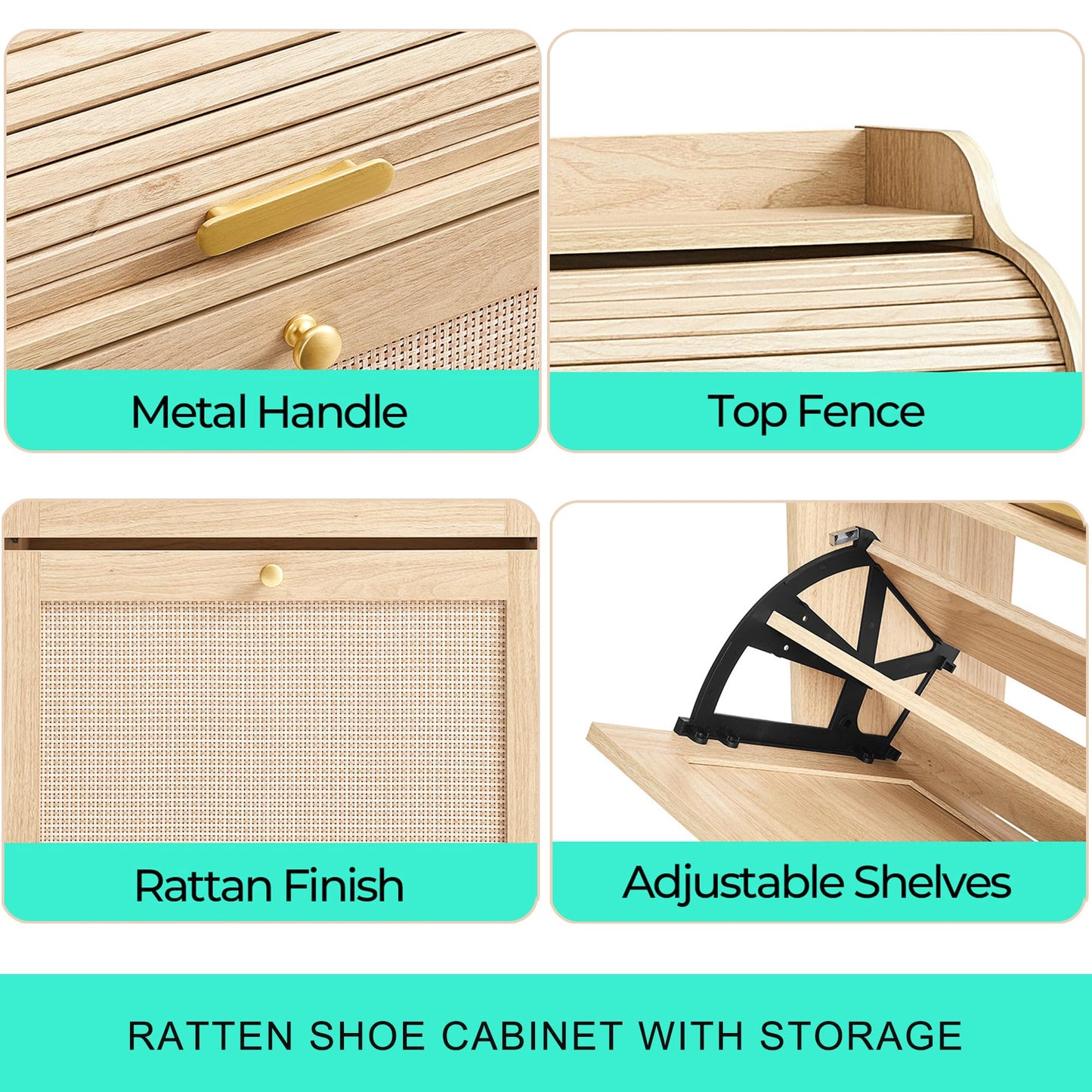 LINSY Shoe Storage Cabinet, Rattan Shoe Cabinet Wood Shoes Rack Cabinets with Sliding Tambour Door, Large Flip Drawer Shoe Cabinet Boho Hidden Shoe Storage for Entryway, Front Door, Hallway, Oak