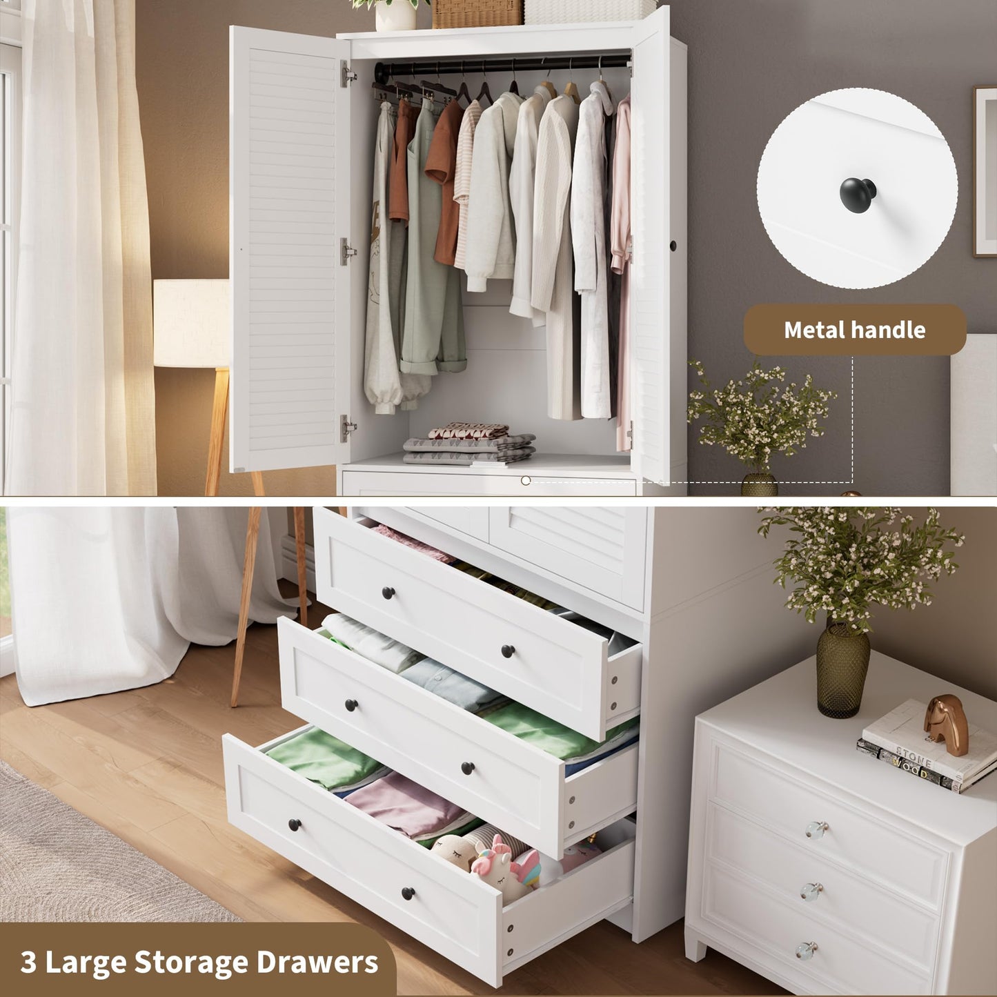 GarveeHome Armoire Wardrobe Closet with Drawers, 69.5 in Wooden Wardrobe Cabinet with Hanging Rod, 2 Doors Clothing Storage Cabinet for Bedroom, Large Capacity Storage, Louvered Door, White