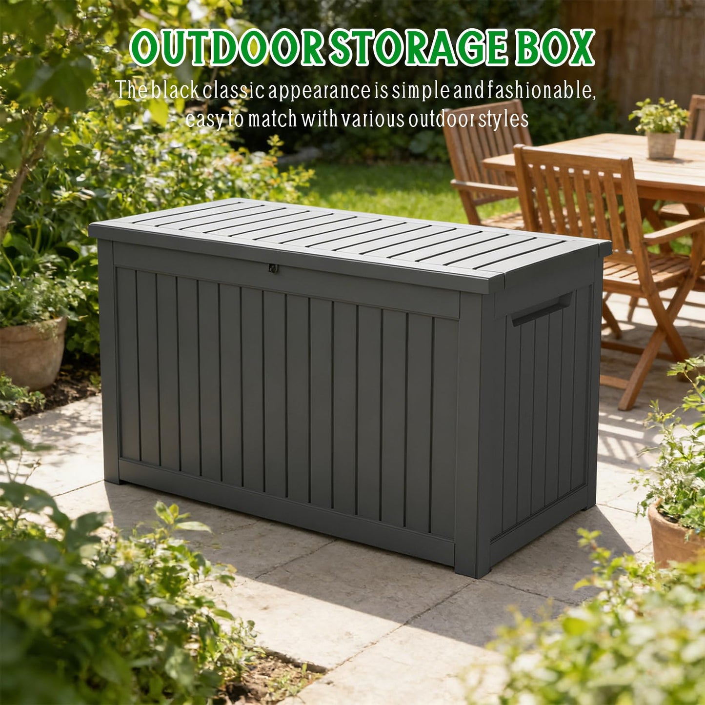 GALUBUBU 230 Gallon Patio Storage Box, Outdoor Resin Deck Box with Hydraulic Lid, Lockable & Waterproof for Garden Tools, Furniture Cushions, UV Resistant Outside Storage, Black