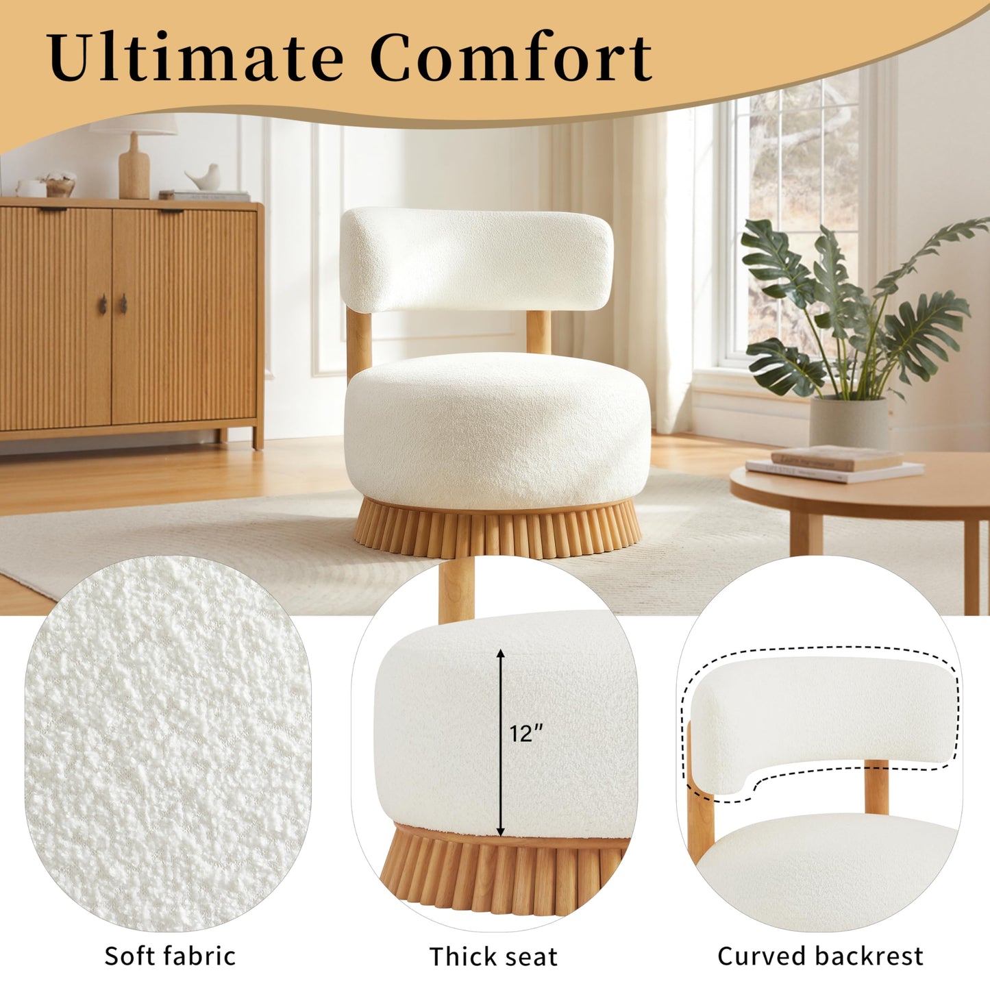 Merax Armless Accent Chairs for Living Room, Modern Farmhouse Comfy Chairs with Wooden Base Featuring Thatched Roof Rod Design, Cozy Upholstered Chair for Bedroom Room Reading Corners, Beige