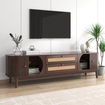 Ball & Cast TV Stand for TVs up to 75",Modern Entertainment Center with 2 Sliding Doors and 2 Rattan Drawers,TV Media Console w/Storage Cabinets and Solid Wood Legs for Living Room,Natural+Brown