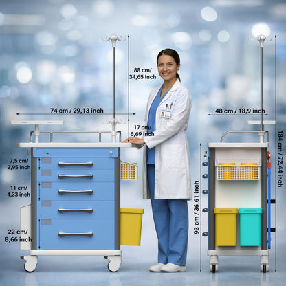 Medical Crash Cart | Emergency Rolling Trolley with 5 Locking Drawers | Hospital Procedure & Lab Utility Cart w/IV Pole, CPR Board, Defib Shelf & Power Strip | Mobile Workstation for Dental & Clinic