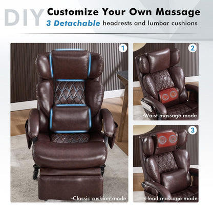 Big and Tall Ergonomic Office Chair with Footrest, Massage Cushion, Heavy Duty Lumbar Support Executive Desk Chair with Adjustable Headrest, High Back Reclining Computer Chair 500lbs, Leather, Brown