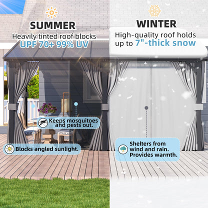 AECOJOY 14' x 10' Gazebo for Patio, Hard Top Lean to Gazebo Pergola with Curtains and Mosquito Netting, Large Wall-Mounted Heavy Duty Awnings for Patio, Decks, Backyard and More
