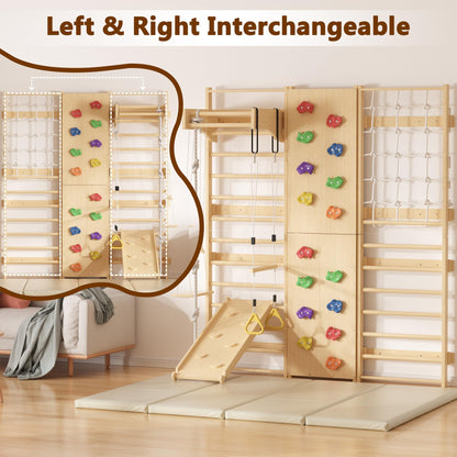 Cofiyard 9-in-1 Swedish Ladder Wall Gym & Climber, 94.5'' Wooden Wall-Mounted Climbing Set with Double-Sided Slide, Swing, Rope, Rings, Monkey Bars, Kids Indoor Playset, Wooden Climbing Jungle Gym
