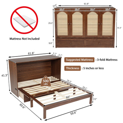 DNYN Queen Size Murphy Bed Cabinet with Large Drawer and and Built-in Charging Station for Guest/Study Room/Home Office, Space-Saving Rattan Decoration Foldable Wall Bed Frame, No Box Spring Needed