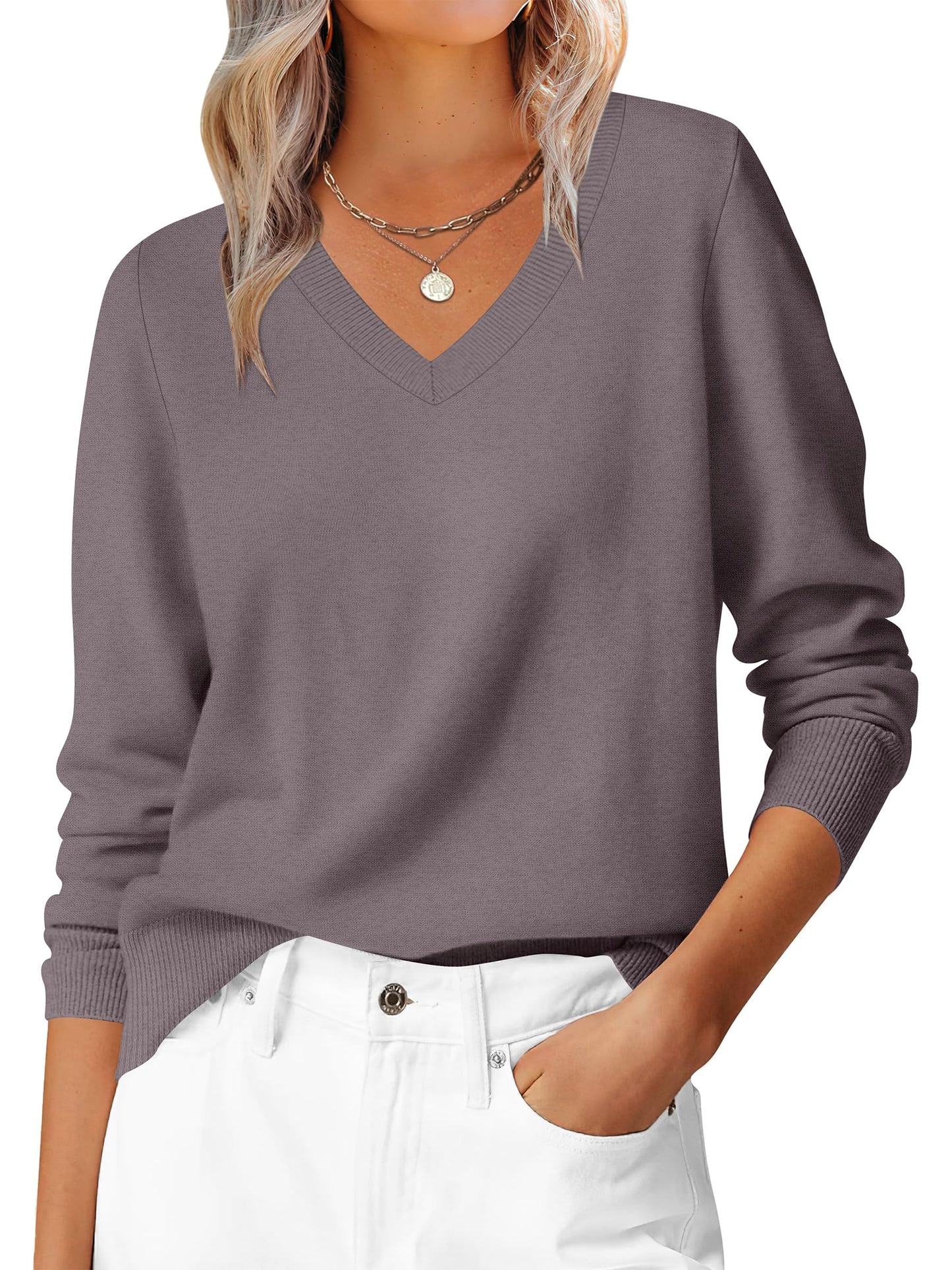 ANRABESS Womens Long Sleeve V Neck Sweaters 2025 Fall Casual Classic Soft Loose Fit Basic Pullover Jumper Top