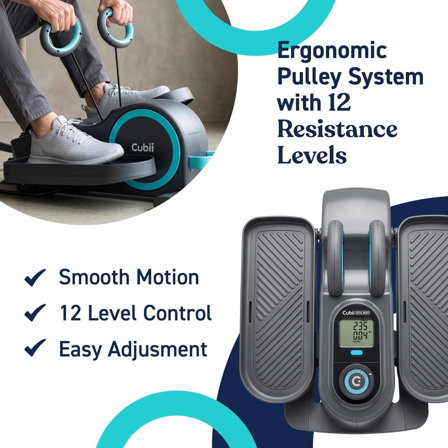 Cubii Total Body Under Desk Elliptical Bike with Built-in Upper Body Resistance Bands | Seated Exercise Machine - Arms + Legs Workout for Seniors & All Ages, 12 Resistance Levels, LCD Display