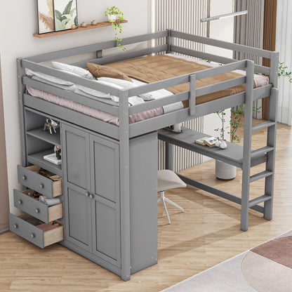 Full Size Loft Bed Frame with Built-in Wardrobe, Desk, Storage Shelves and Drawers, Wood Slat Support