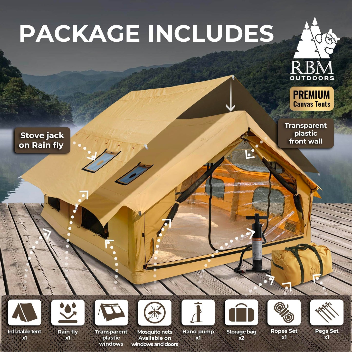 RBM Outdoors Panda Air Large Inflatable Canvas Camping Tent for 2–6 People – Air Beam Tent with Stove Jack, Fast Setup, Hand Pump Included, Beige