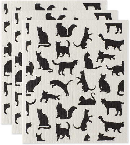 DII Reusable Swedish Dishcloths for Kitchen & Cleaning, Biodegradable, Machine Washable, 7.75 x 6.75, Cats, 3 Piece