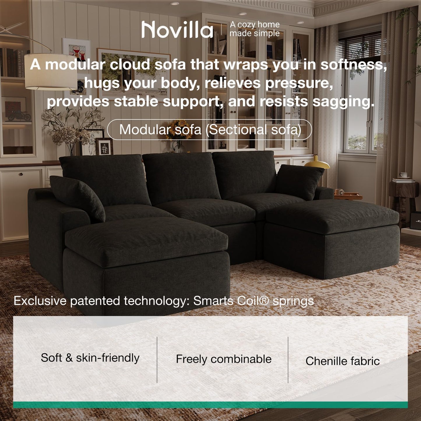 Novilla 104.3" Modular Cloud Couch, Modern Sectional Sofa with Smarts Coil® Support, Chenille Fabric, Upholstered Couch for Living Room Apartments Bedroom, No Assembly, 3 Seater + 2 Ottoman, Dark Grey