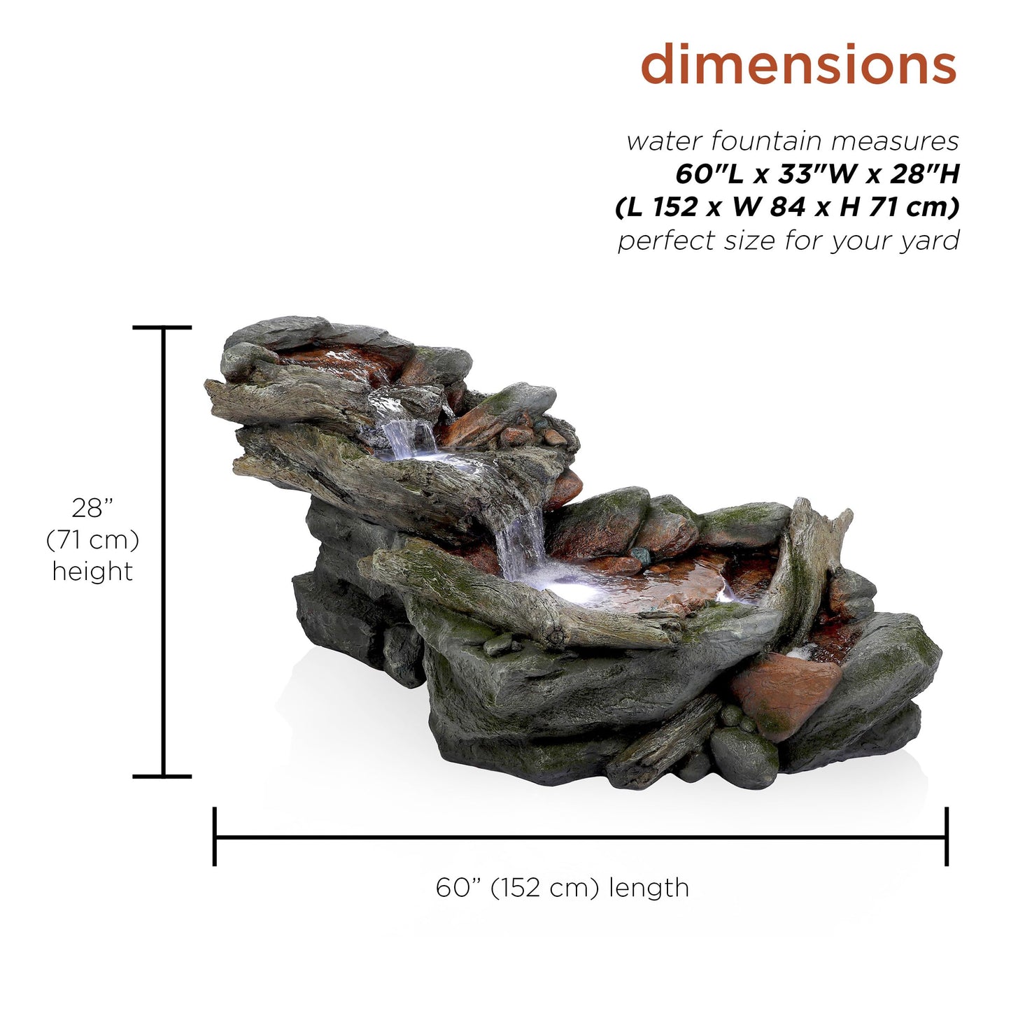 Alpine Corporation | 60"L Outdoor 3-Tier Rainforest Rock River Hand-Painted Water Fountain with LED Lights — Garden, Patio & Yard Décor