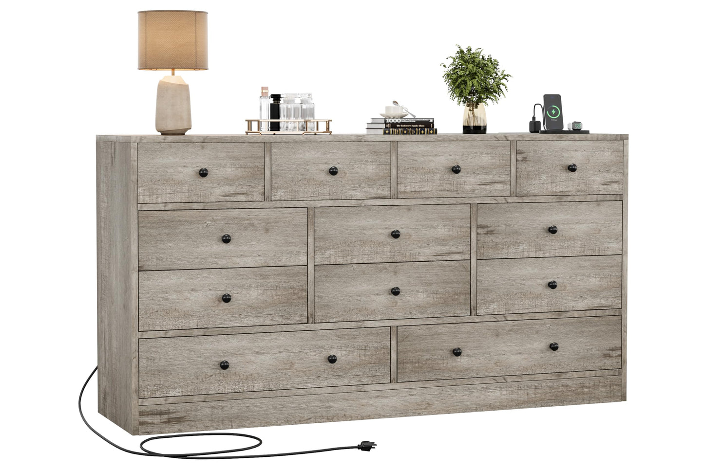 Hetoy 12 Drawer Wooden Dressers with Charging Station – Gray Wood Chest of Drawers for Bedroom, Closet, Living Room, 61" Wide TV Stand Dresser, Modern Storage Organizer for Nursery, Hallway
