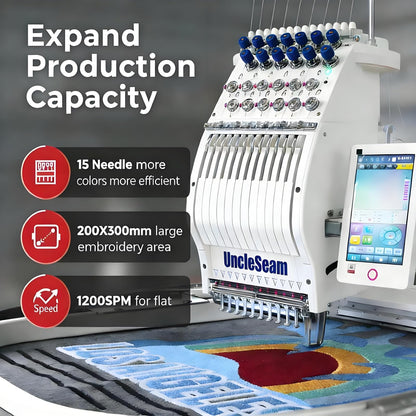 UncleSeam 15-Needle Commercial Embroidery Machine, 12"x 8" Embroidery Area, Easy to Use for Flat Embroidery, Hats, T-Shirts, Auto Color Change & Trim, Supports WiFi/USB Transfer (15-Needle with Stand)