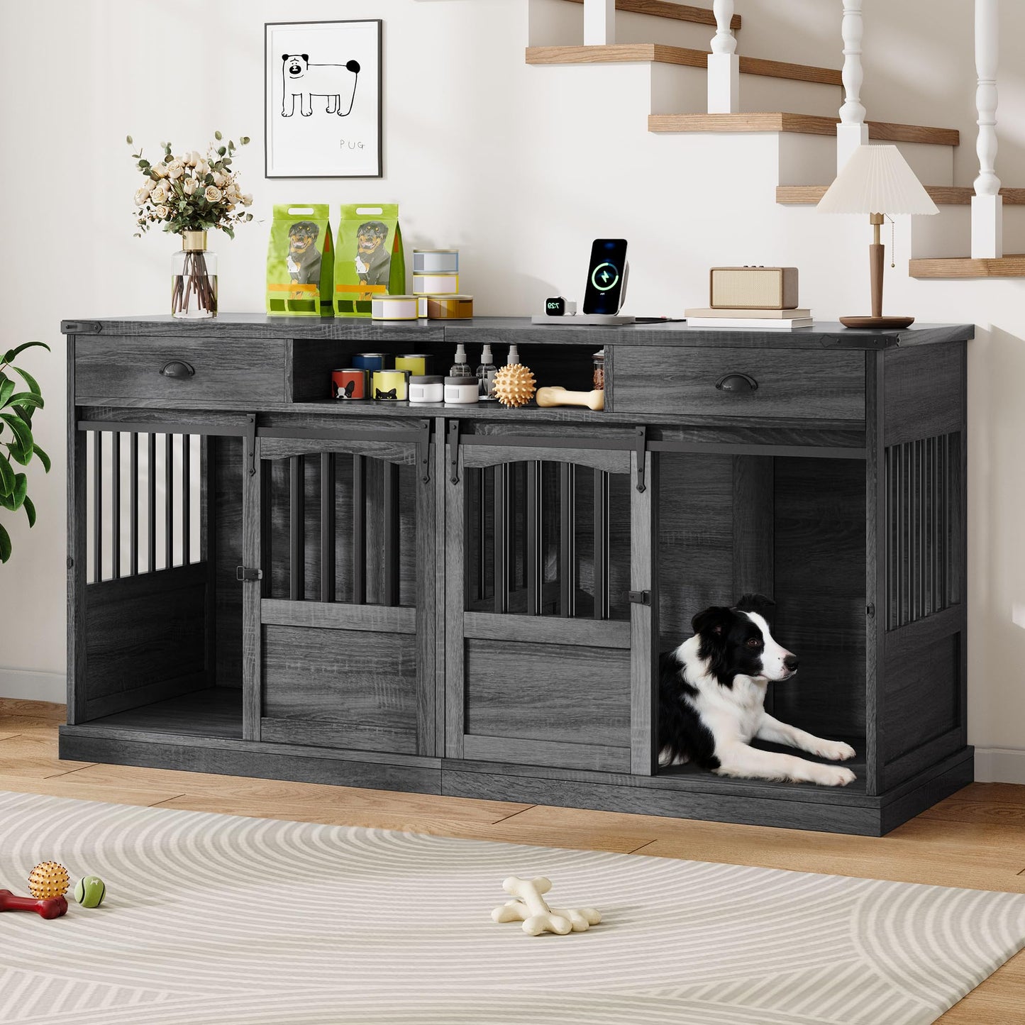 Homiflex 72" Double Dog Crate Furniture with Storage for 2 Medium Large Dogs Farmhouse Wooden Dog Kennel Furniture with 2 Sliding Doors Divider & Power Outlet Decorative Dog Cage TV Stand Grey