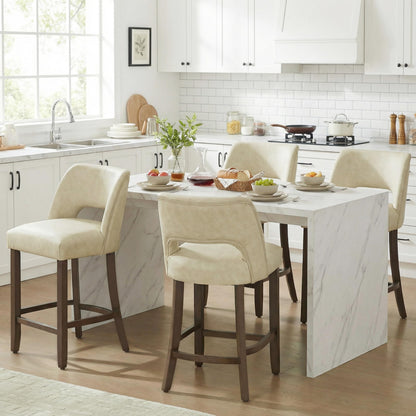 VKNOW 26" Bar Stools Set of 4, Faux Leather Counter Height Bar Stools with Backrest and Rubberwood Legs, Upholstered Barstools for Kitchen Island, Bar and Dining Room, Beige