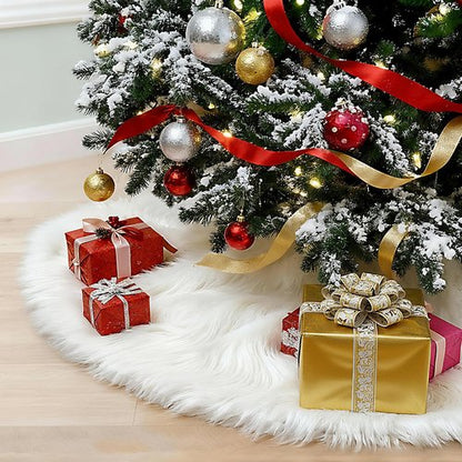 Christmas Tree Skirt 60 Inch White - Fluffy Faux Fur Christmas Tree Mat & Decoration for Indoor Outdoor Use