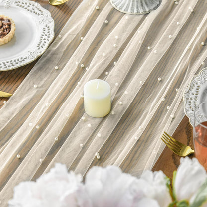 Artoid Mode 3PCS Pearl Beige Gauze Table Runner 120 Inch 10FT, Seasonal Sheer Dining Holiday Wedding Birthday Baby Shower Table Decor for Home Party