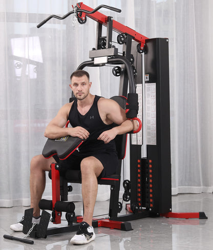 Fitvids Multifunctional Home Gym System Workout Station with Leg Extension and Preacher Curl, 122.5LB Weight Stack, M750, Multiple Pacakges