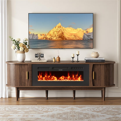 Decofy 70″ Fluted Fireplace TV Stand for 80″ TVs, Remote & Touch Control Adjustable Flame Colors & Temperature, Entertainment Center with Storage, Modern Media TV Console Table for Living Room(Walnut)
