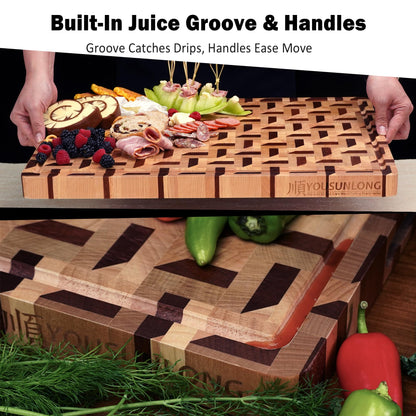 YOUSUNLONG 3D Zigzag Pattern End Grain Cutting Board - Walnut & Maple Reversible Butcher Block 20"L x 16"W x 1.5"Th with Juice Groove - Serving Block Tray for Brisket,Meat,Cheese,Charcuterie