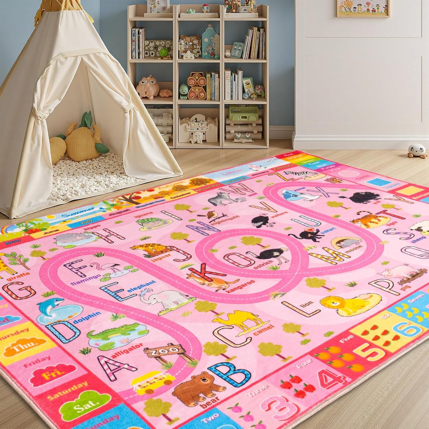 5x7, Washable Kids Play Rug Non-Slip Educational Animal & Season Shape Carpet for Nursery Bedroom Classroom, Ultra-Soft