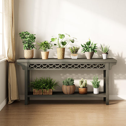 LITTLE TREE 70.87-Inch Long Console, Solid Wood Farmhouse Narrow Entryway Table with Shelf, Rustic Sofa Table for Living Room, Hallway, Dark Grey