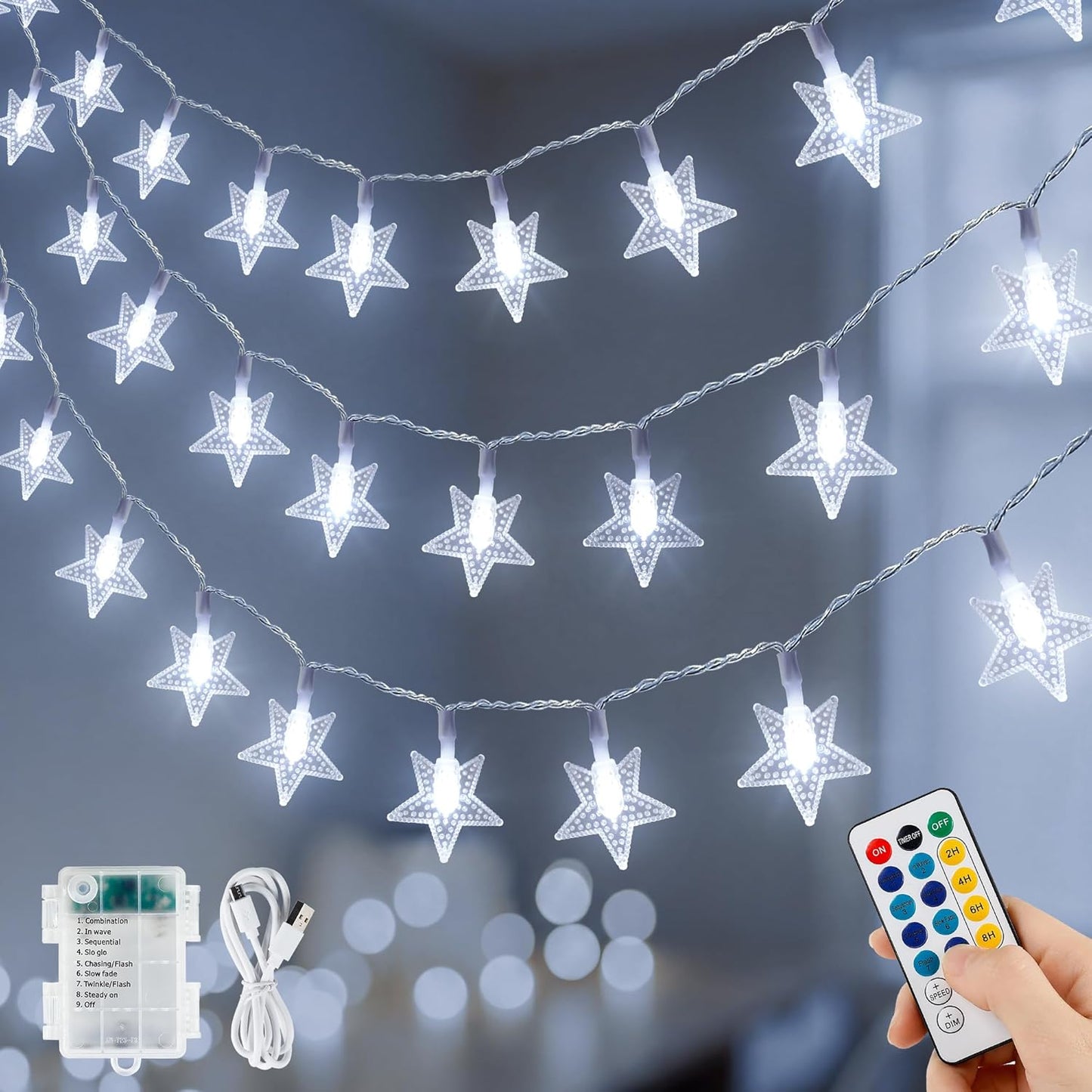 16ft 50 8 4 HEYFUNi Star String Lights USB & Battery Operated, LED Fairy Lights with Remote, Modes Brightness & Speed